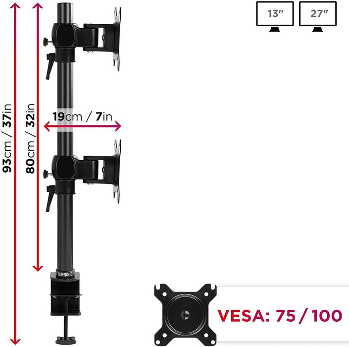 Duronic DM35V2X1 Supporto Monitor doppio per 2 schermi da 13-27 pollici, Braccio monitor PC ergonomico fino 8kg, VESA 75/100mm, regolabile altezza inclinazione girevole, per ufficio casa scuola, nero