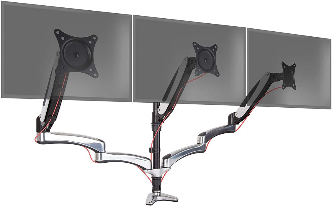 Duronic DM653 BK Braccio per 3 monitor da 15 a 27 pollici | Supporto schermi triplo | Inclinazione e altezza regolabile | VESA 75 100 | Supporto monitor con tensione gas per PC | Con morsetto