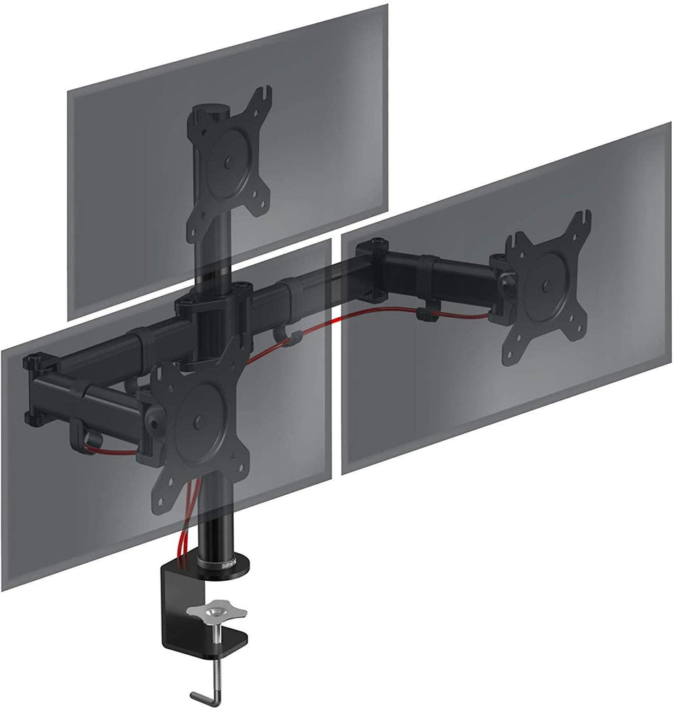 Duronic DM253 BK Braccio per 3 monitor da 13 a 27 pollici | Supporto schermi triplo | Inclinazione e altezza regolabile | VESA 75 100 | Supporto monitor ergonomico doppio articolato per PC e morsetto
