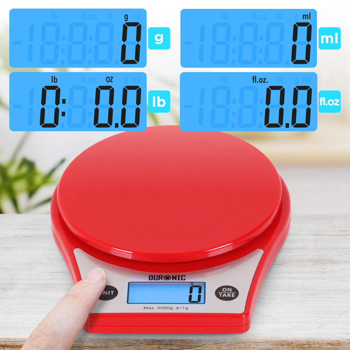 Duronic KS6000 RD Bilancia da cucina - Bilancia ad alta precisione con display digitale retro illuminato - Portata 1g / 5 kg con ciotola da 2L - Piattaforma nera - Funzione Tara