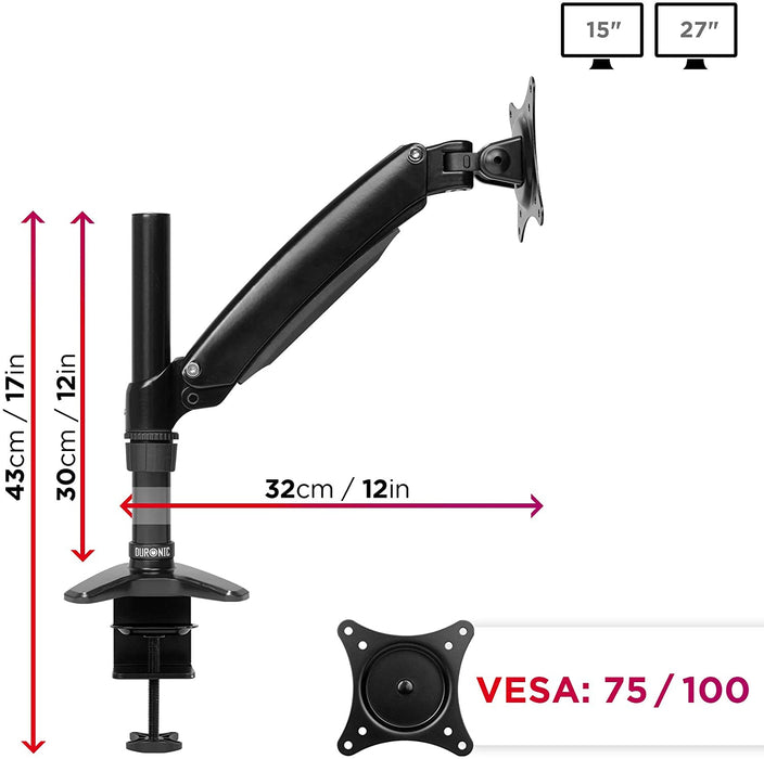 Duronic DM551X1 BK Braccio per un monitor da 15 a 27 pollici | Supporto per schermo singolo | Inclinabile e altezza facilmente regolabile | VESA 75 100 | Supporto monitor PC ergonomico con morsetto