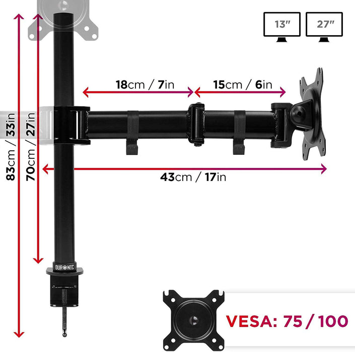 Duronic DM253 BK Braccio per 3 monitor da 13 a 27 pollici | Supporto schermi triplo | Inclinazione e altezza regolabile | VESA 75 100 | Supporto monitor ergonomico doppio articolato per PC e morsetto
