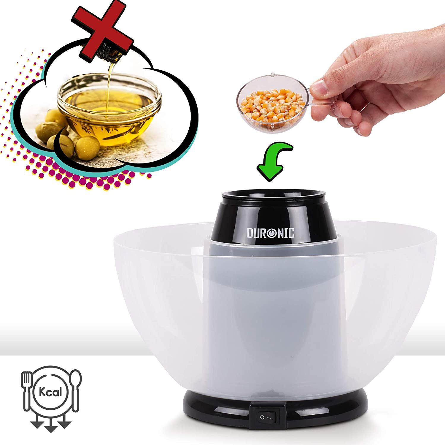 Duronic POP50 BK Macchina per Popcorn ad aria calda Capacità di 50 g con ciotola rimovibile Senza grassi o oli Pop-corn senza olio Basso contenuto calorico