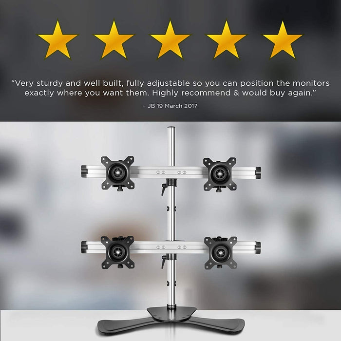 Duronic DM754 Supporto per 4 monitor - Base in acciaio per schermi fino a 24" - Altezza regolabile - Guida in alluminio per schermi fino a 8 kg - Inclinazione +/-15° - Rotazione schermi 360°