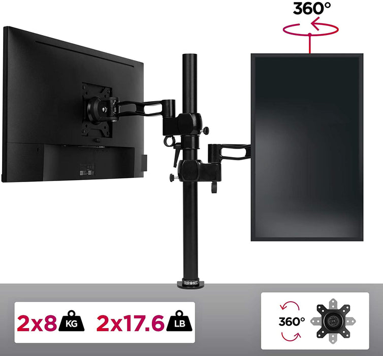 Duronic DM35V2X2 BK Supporto Monitor doppio per 2 schermi da 13-27 pollici, Braccio monitor PC ergonomico fino 8kg, VESA 75/100, regolabile altezza inclinazione girevole, per ufficio casa scuola, nero