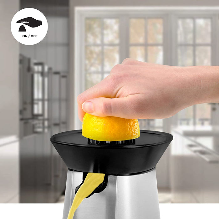 Duronic JE6 SR Spremiagrumi elettrico 100W, Estrattore in acciaio inox, Spremiagrumi automatico con filtro, Spremitore con 2 coni, per succo di arancia limone lime pompelmo, Beccuccio anti-goccia