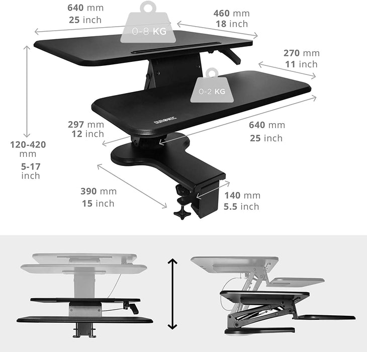 Duronic DM05D13 BK Postazione da lavoro per computer con ampia piattaforma 64 cm scrivania ufficio per pc monitor tastiera  altezza regolabile da 12 a 40 cm  fissaggio a morsetto