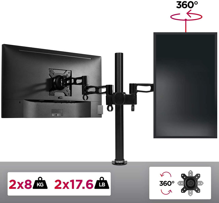 Duronic DM352 BK Supporto Monitor doppio per 2 schermi da 13-27 pollici, Braccio monitor PC ergonomico fino 8kg, VESA 75/100mm, regolabile altezza inclinazione girevole, per ufficio casa scuola, nero