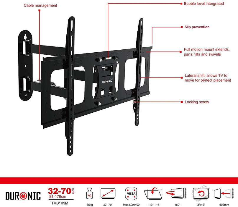Duronic TVB109M Supporto TV da parete per TV da 32a 70 portata 35kg | VESA MAX 600 x 400 mm con braccio girevole ed estendibile da 4 a 50cm | Staffa snodata inclinabile per TV o monitor