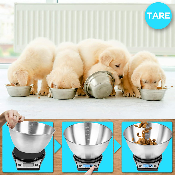 Duronic KS6000 BK/SS Bilancia da cucina - Bilancia ad alta precisione con display LCD retro illuminato - Portata 1g / 5 kg con ciotola in acciaio INOX da 2,5L - Piattaforma nera - Funzione Tara