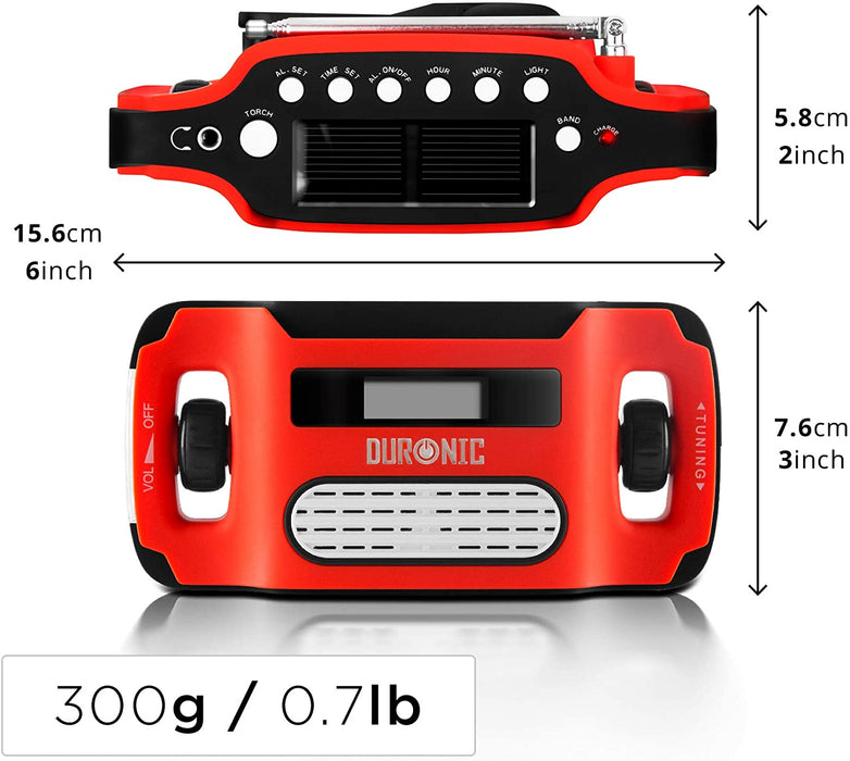 Duronic Apex Radio AM/FM – Ricarica solare, USB o dinamo – torcia – Jack per cuffie e funzione sveglia – Portatile con display digitale retroilluminato – ideale per uso d’emergenza, campeggio, escursioni