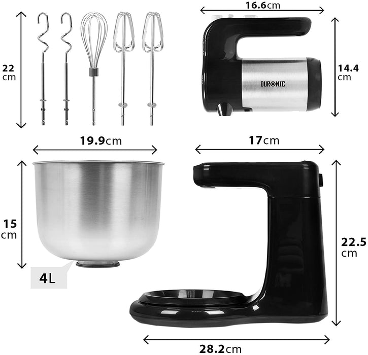 Duronic SM3 Mixer da Cucina Elettrico 2-in-1 con 300W - Robot da Cucina con Ciotola in Acciaio Inox da 4 L e 3 diversi ganci - 5 Velocità e Funzione Turbo - Ideale per Cuochi Casalinghi e Baking
