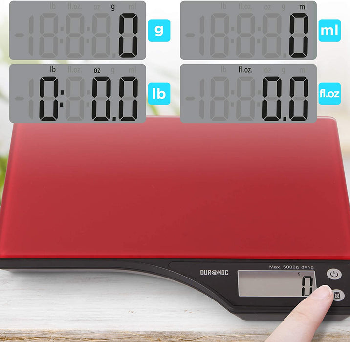 Duronic KS350 Bilancia da cucina - Bilancia ad alta precisione con display digitale - Portata 1g / 5 kg - Piattaforma in vetro Rossa - Funzione Tara - Ideale per cucina e pasticceria
