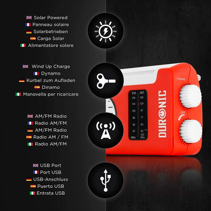 Duronic Hybrid Radio AM/FM - Ricarica solare, USB o dinamo – Jack per cuffie – Portatile – Ideale per emergenze, escursioni, pesca o attività all’aperto