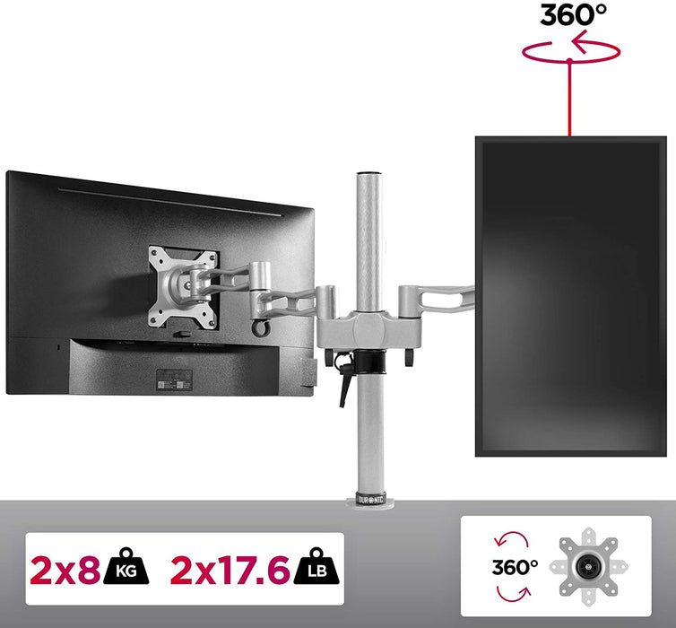Duronic DM352 SR Braccio per 2 monitor da 13 a 27 pollici | Supporto schermi doppio | Inclinazione e altezza regolabile | VESA 75 100 | Supporto monitor ergonomico doppio articolato per PC argento