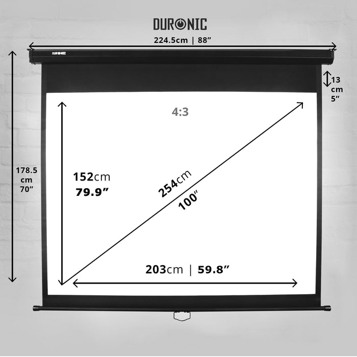 Duronic MPS100 /43 Schermo di proiezione 100 formato 4:3 / 203 X 152 cm telo proiettore da proiezione a sviluppo manuale - Fissaggio a muro o a soffitto - Full HD 3D 4K - Home cinema theater ufficio