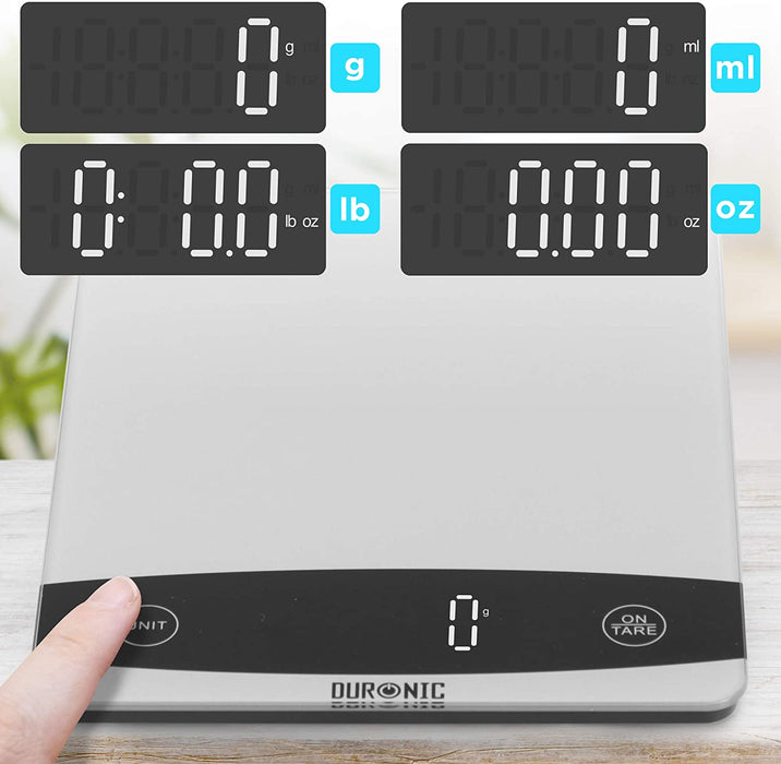 Duronic KS1009 Bilancia da cucina - Bilancia ad alta precisione con display digitale - Portata 1g / 10 kg - Piattaforma in vetro - Funzione Tara - Ideale per cucina e pasticceria