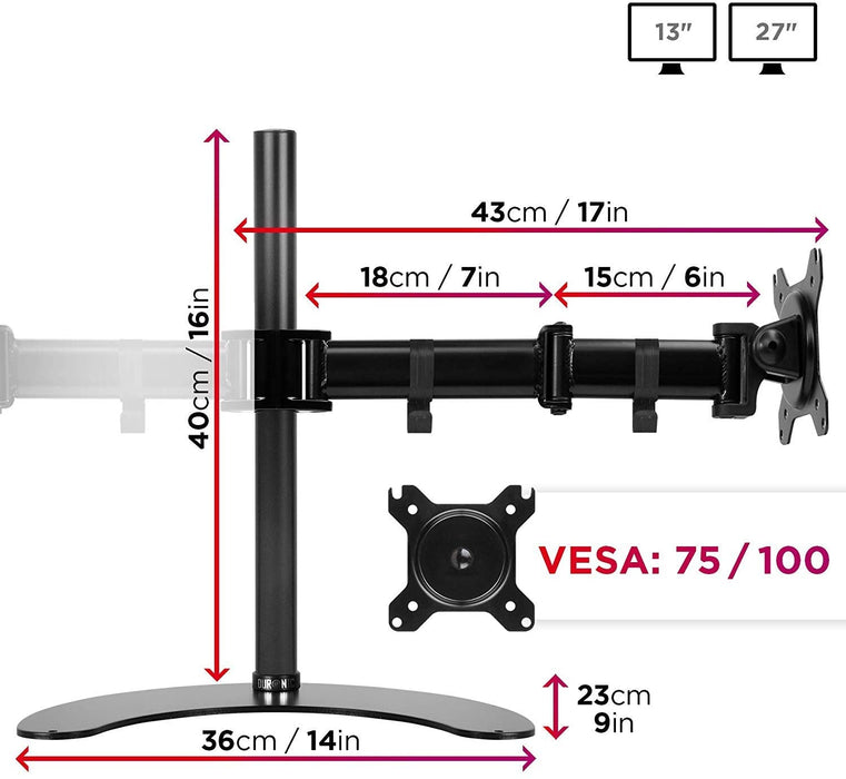 Duronic DM25D2 BK Supporto Monitor doppio per 2 schermi da 13-27 pollici, Braccio monitor PC ergonomico fino 8kg, VESA 75/100mm, regolabile altezza inclinazione girevole, per ufficio casa scuola, nero