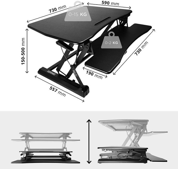 Duronic DM05D3 BK Postazione Lavoro  Altezza regolabile 15-50cm - Ampia Piattaforma 73x59cm - Portata 15kg  Scrivania ergonomica per Lavorare in Piedi con Supporto per Tastiera