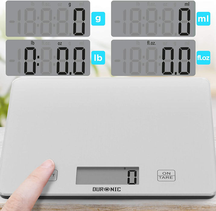 Duronic KS1080 Bilancia da cucina - Bilancia ad alta precisione con display digitale - Portata 1g / 5 kg - Piattaforma in vetro argento - Funzione Tara - Ideale per cucina e pasticceria