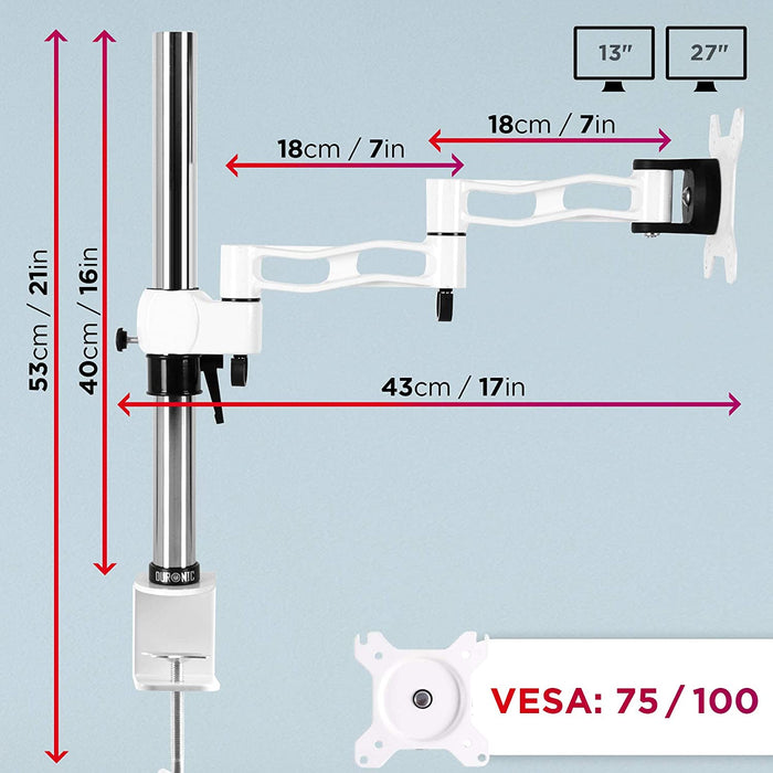 Duronic DM351X3 WE Braccio per un monitor da 13 a 27 pollici | Supporto per schermo singolo | Inclinazione e altezza regolabile | VESA 75 100 | Supporto monitor PC ergonomico con morsetto | Bianco