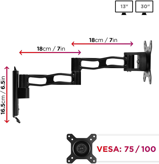 Duronic DM35W1X3 Supporto monitor da parete | Per schermi da 13 a 30 pollici | Inclinazione regolabile | Capacità 20 kg |VESA 70 100 | Supporto ergonomico murale | Con ganci gestione cavi | Universale