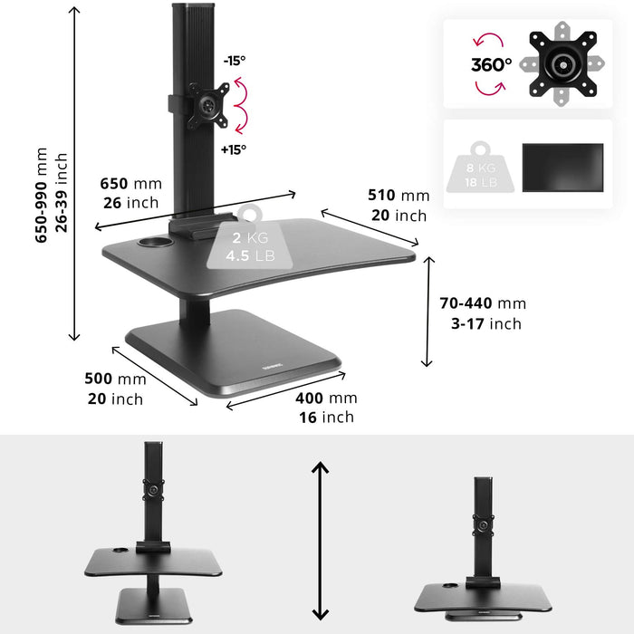 Duronic DM05D14 BKPostazione da lavoro per computer con ampia piattaforma 65 cm scrivania ufficio per pc monitor tastiera altezza regolabile da 72 a 116 cm