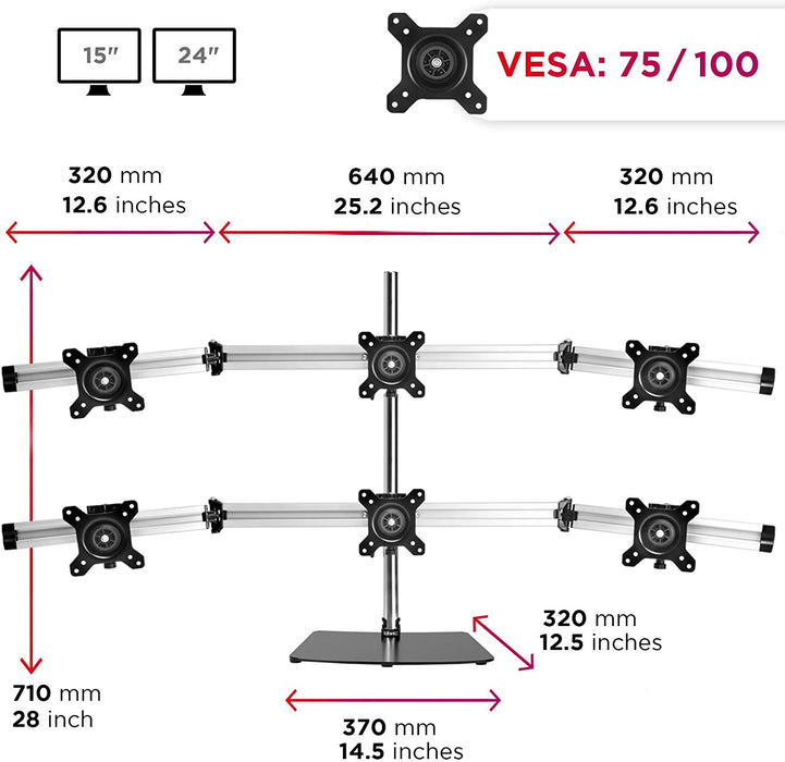 Duronic DM756 Supporto per 6 monitor - Base in acciaio per schermi fino a 24" - Altezza regolabile - Guida in alluminio per schermi fino a 5 kg - Inclinazione +/-15° - Rotazione schermi 360°