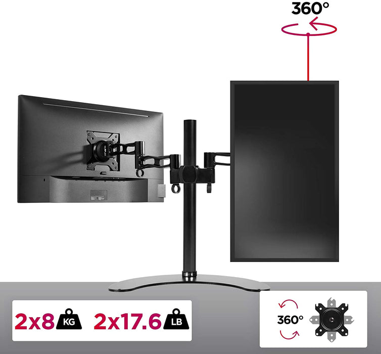 Duronic DM35D2 BK Supporto Monitor doppio per 2 schermi da 13-27 pollici, Braccio monitor PC ergonomico fino 8kg, VESA 75/100mm, regolabile altezza inclinazione girevole, per ufficio casa scuola, nero