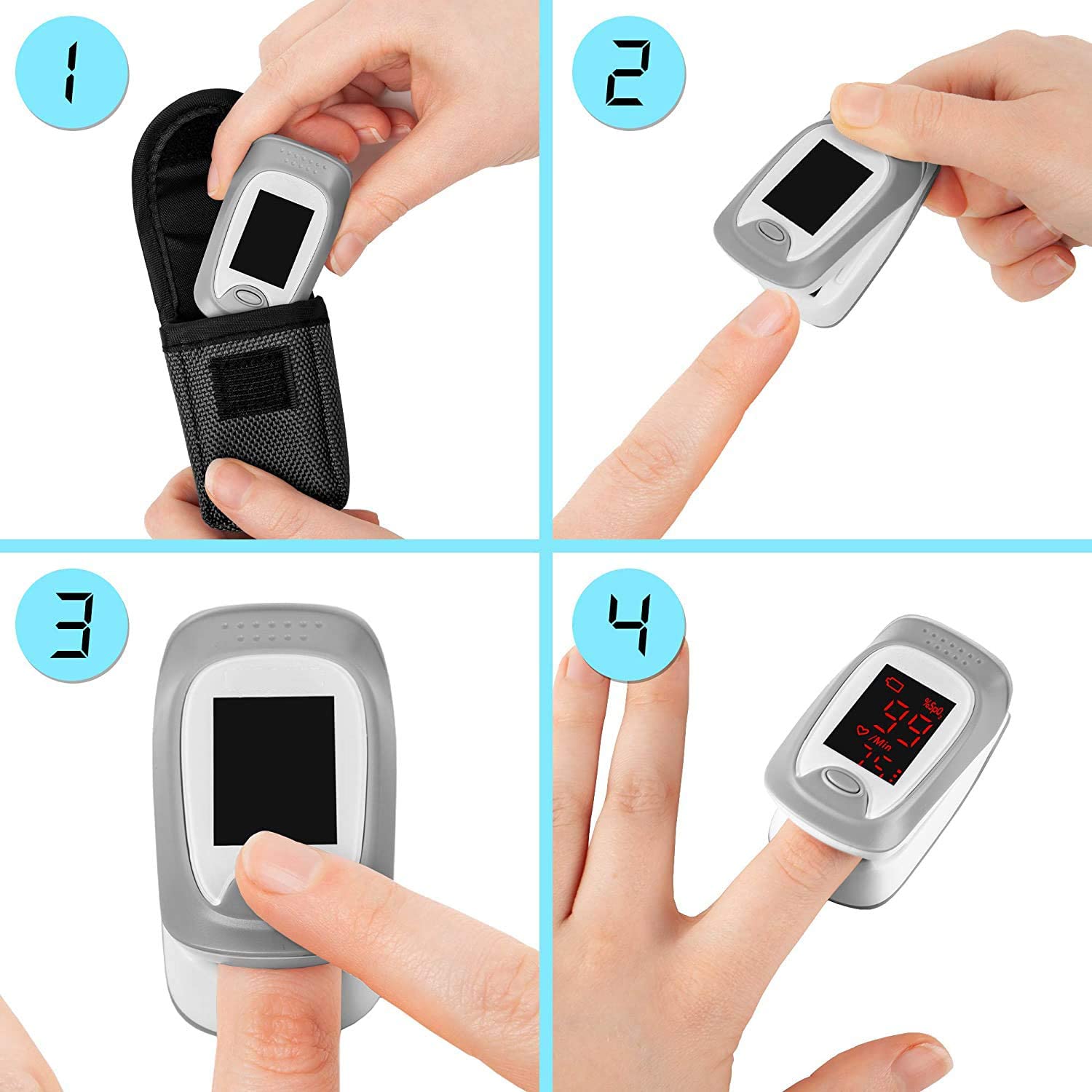 Duronic OX01R Ossimetro da dito  Pulsossimetro per misurazione SpO2  Rivelatore ossigeno nel sangue e pulsazione  Display digitale  Risultato accurato  Custodia protettiva inclusa