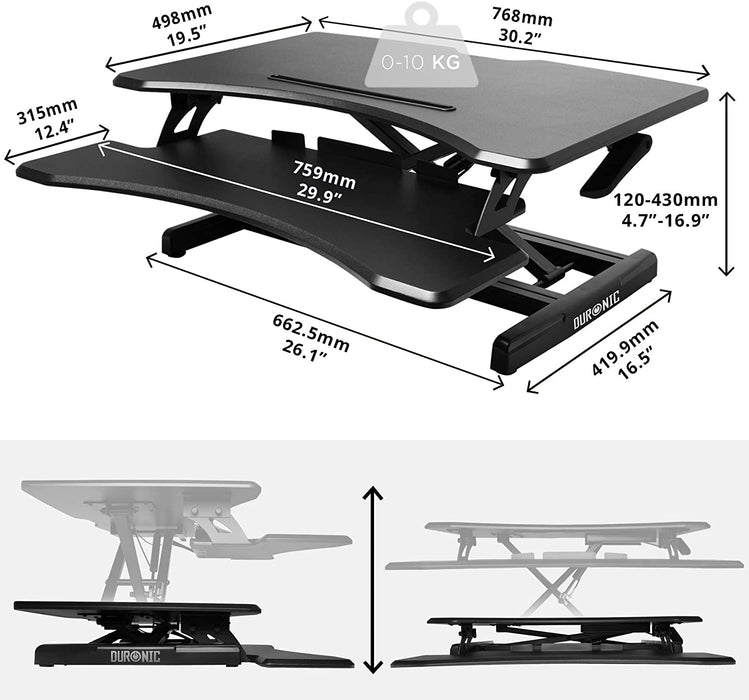 Duronic DM05D16 BK Postazione Lavoro  Altezza regolabile 12-43cm - Ampia Piattaforma 76-49cm - Portata 10kg  Scrivania ergonomica per Lavorare in Piedi con Supporto per Tastiera