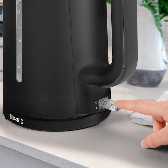 Duronic EK17 BK Bollitore acqua elettrico 2200W | Capacità 1,7 L | Spegnimento automatico | Base rotazione 360° | Filtro anticalcare | Bolli acqua nero | Per Acqua Tè Tisane Caffè | Compatto
