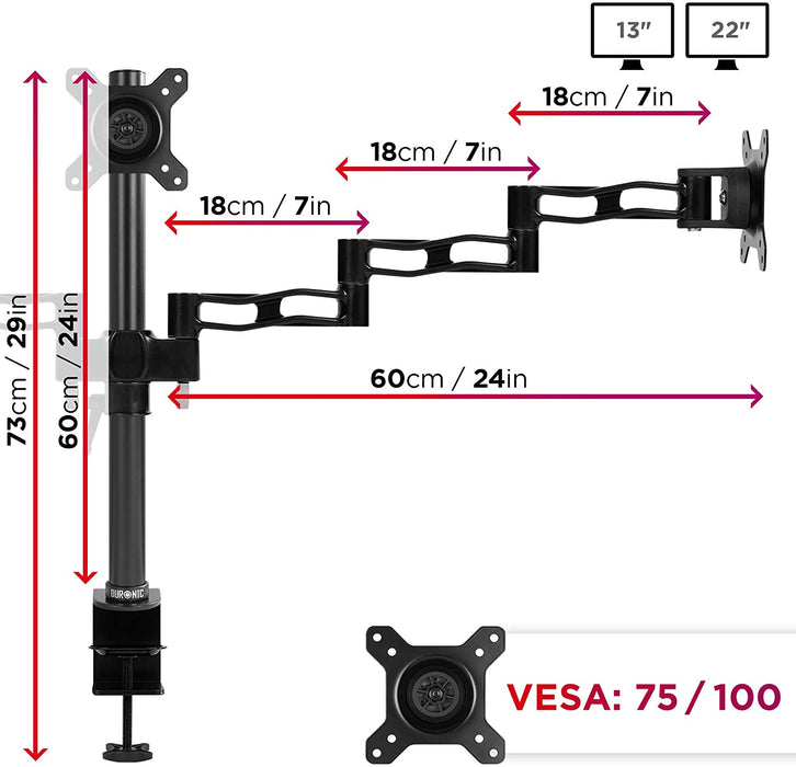 Duronic DM353 BK Braccio per 3 monitor da 13 a 22 pollici | Supporto schermi doppio | Inclinazione e altezza regolabile | VESA 75 100 | Supporto monitor ergonomico doppio articolato per PC nero