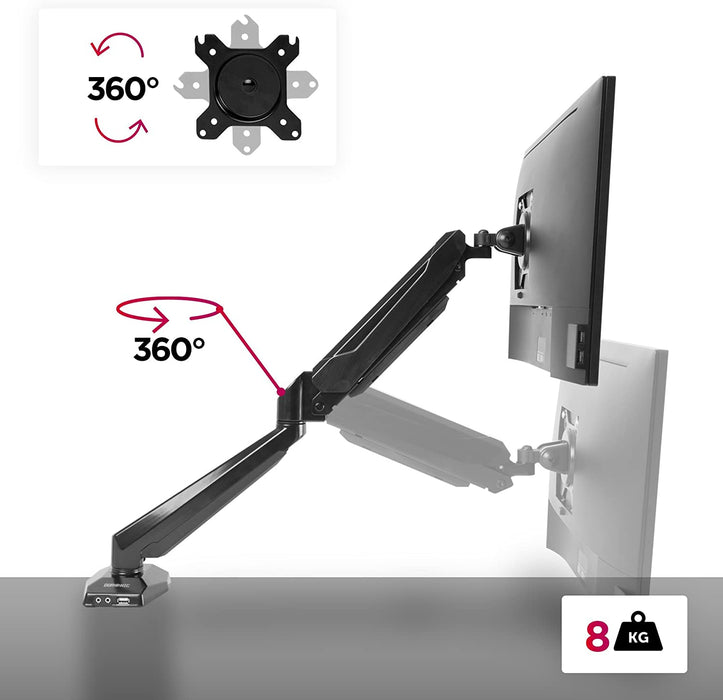 Duronic DMUSB5X1 Supporto da scrivania monitor 15  27 staffa schermo con braccio estensore regolazione a gas presa jack e USB alla base VESA MAX 100 x 100mm struttura in acciaio INOX portata 8kg