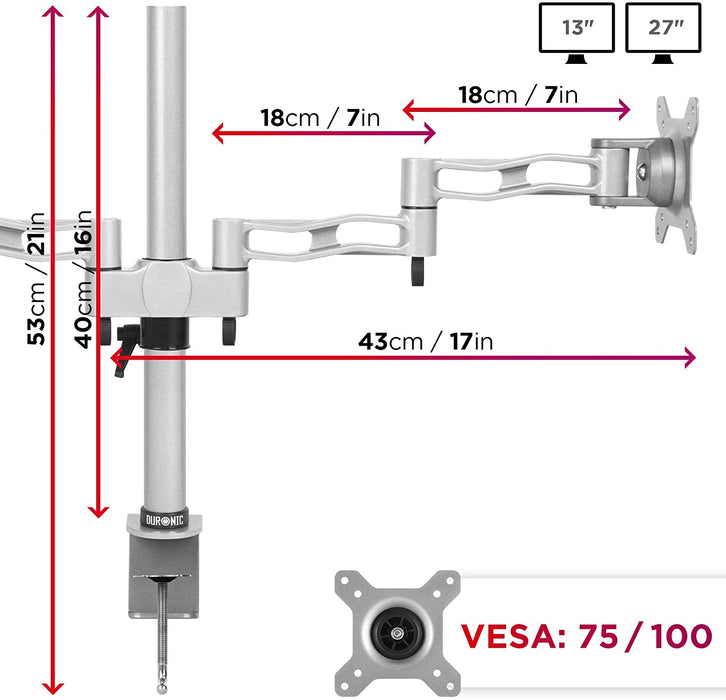 Duronic DM352 SR Braccio per 2 monitor da 13 a 27 pollici | Supporto schermi doppio | Inclinazione e altezza regolabile | VESA 75 100 | Supporto monitor ergonomico doppio articolato per PC argento