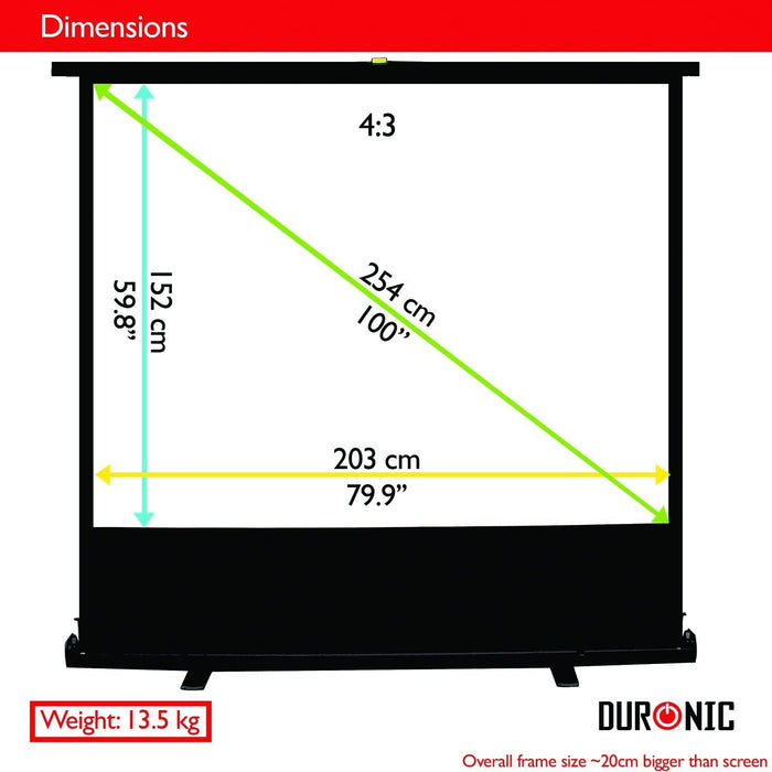Duronic FPS100 /43 schermo di proiezione 100 formato 4:3 / 203 X 152 cm - telo proiettore retrattile auto-portante per videoproiettore Full HD 3D 4K - Home cinema home theater ufficio
