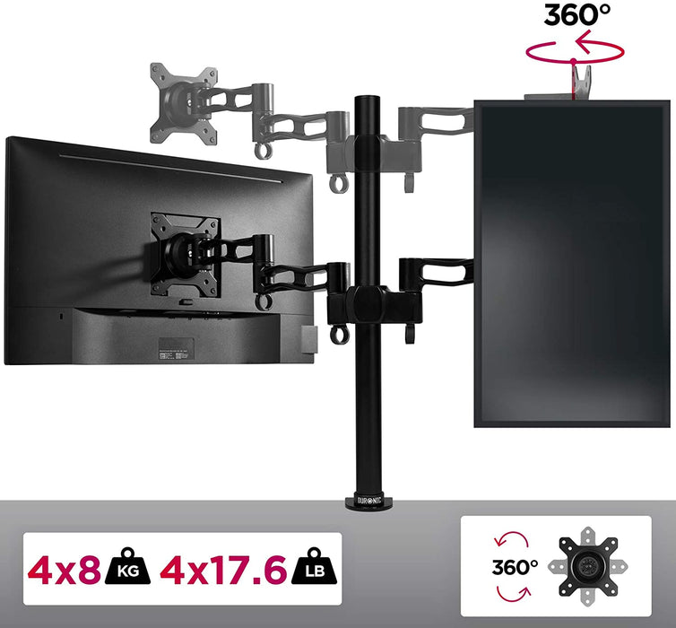 Duronic DM354 BK Braccio per 4 monitor da 13 a 27 pollici | Supporto schermi doppio | Inclinazione e altezza regolabile | VESA 75 100 | Supporto monitor ergonomico doppio articolato per PC nero