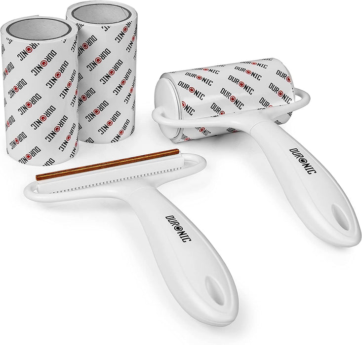 Duronico CFS4 Set di Rullo e Levapelucchi Manuale | 3 Rulli 1 manico e 1 Levapelucchi | Lint remover per abbigliamento | Rasoio per tessuti | Rullo adesivo per peli di animali