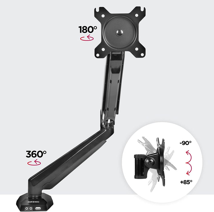 Duronic DMUSB5X1 Supporto da scrivania monitor 15  27 staffa schermo con braccio estensore regolazione a gas presa jack e USB alla base VESA MAX 100 x 100mm struttura in acciaio INOX portata 8kg