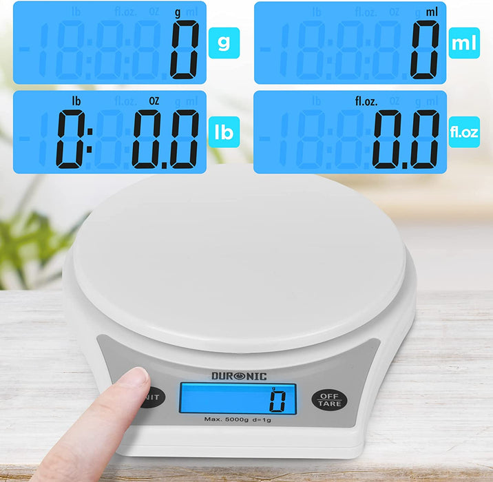 Duronic KS6000 WH/WH Bilancia da cucina - Bilancia ad alta precisione con display LCD retro illuminato - Portata 1g / 5 kg con ciotola bianca da 2L - Piattaforma bianca - Funzione Tara