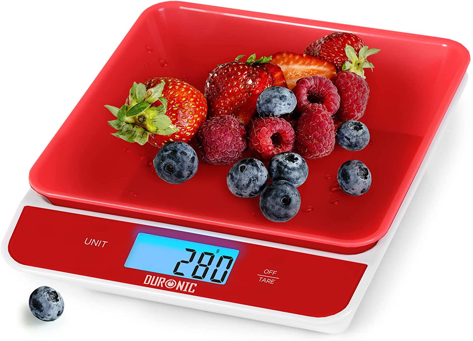 Duronic KS100 RD Bilancia da cucina - Bilancia ad alta precisione con display digitale retroilluminato - Portata 1g / 5 kg - Bilancia con ciotola integrata nera da 1,2L - Funzione Tara