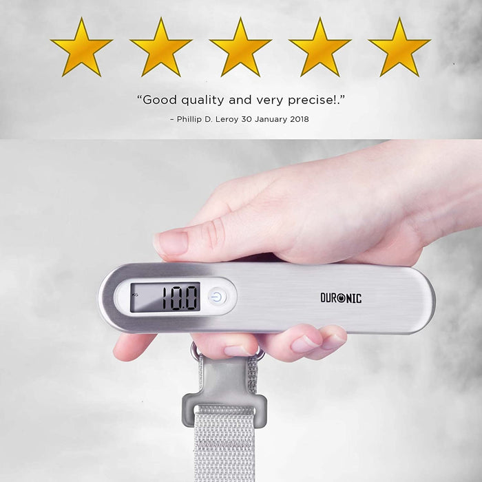 Duronic LS1013 Bilancia digitale pesa valigia - Pesa bagaglio da viaggio fino a 50kg - Cinghia e gancio resistenti - Batterie incluse - Compatto e portatile - Pesa trolley