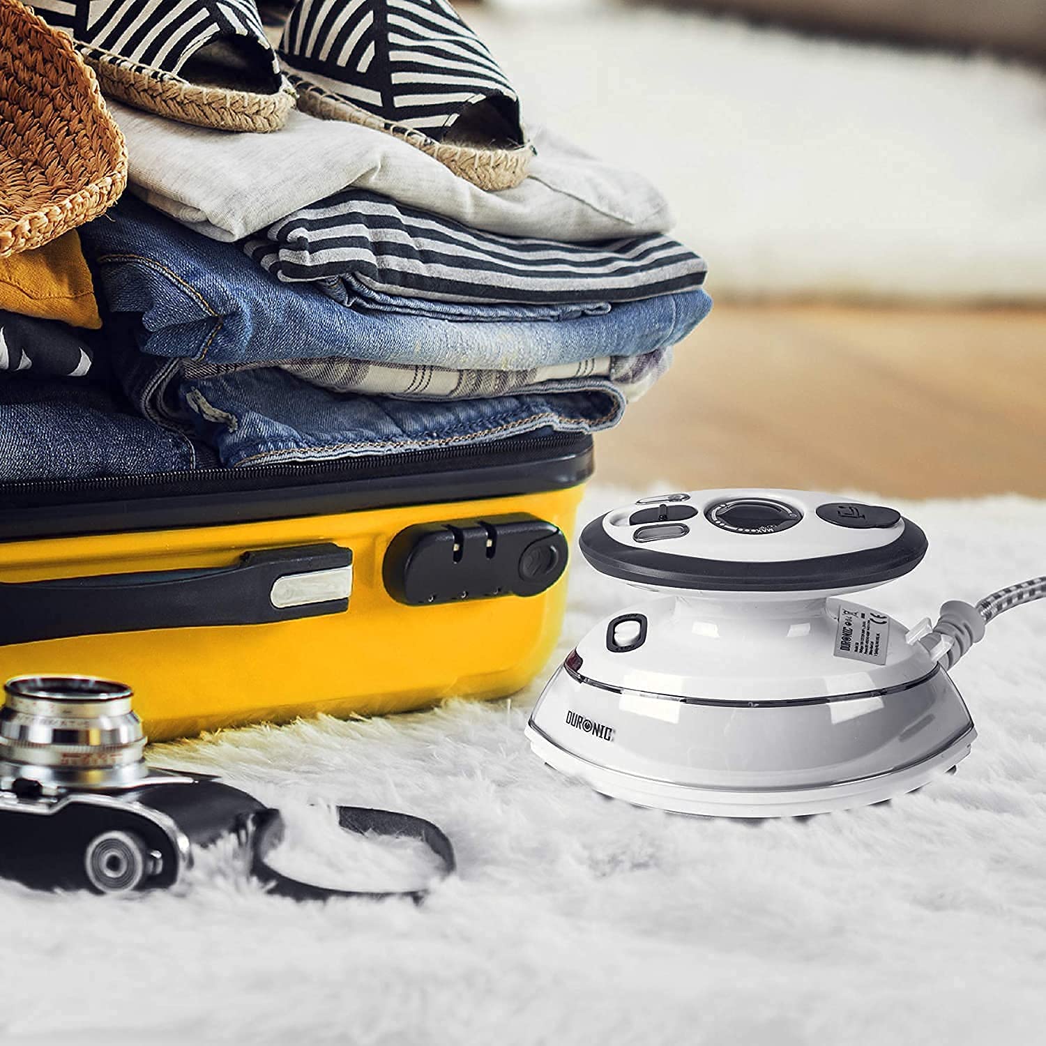 Duronic SI3 WE Mini Ferro da Stiro | Ferro da viaggio a vapore 400W | Serbatoio 35ml | Steamer portatile con base dappoggio e borsello da viaggio | Per lavori di cucito, quilting | Bianco