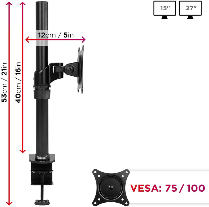 Duronic DM451X1 BK Braccio per un monitor da 15 a 27 pollici | Supporto per schermo singolo | Inclinazione e altezza regolabile | VESA 75 100 | Supporto monitor PC ergonomico con morsetto