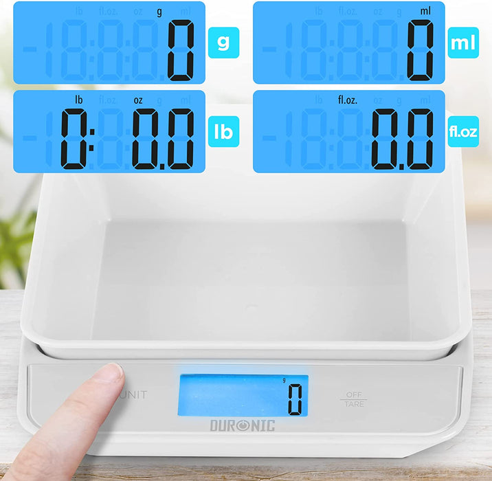Duronic KS100 WH Bilancia da cucina - Bilancia ad alta precisione con display digitale retroilluminato - Portata 1g / 5 kg - Bilancia con ciotola integrata bianca da 1,2L - Funzione Tara