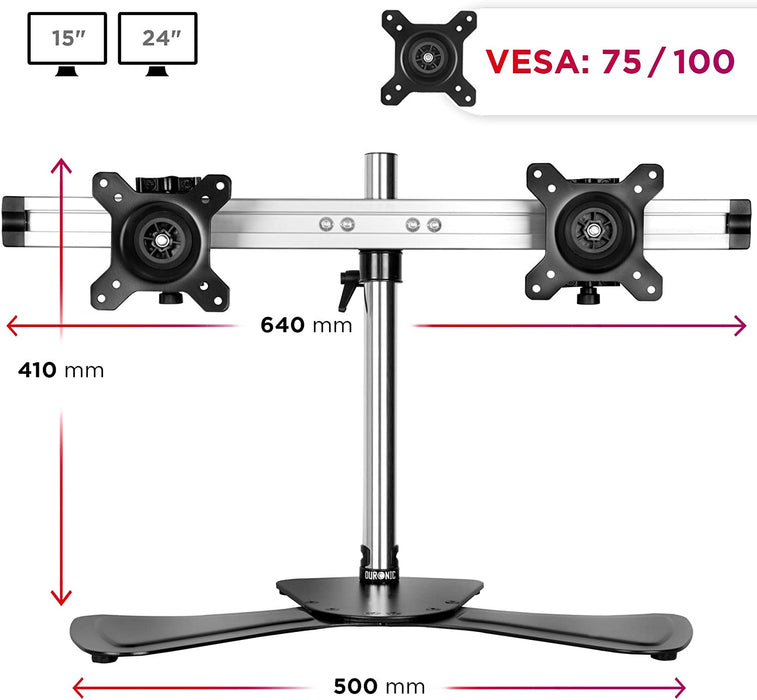 Duronic DM752 BK Supporto Monitor doppio per 2 schermi fino a 24 pollici, Braccio monitor PC ergonomico fino 8kg, VESA 75/100mm, regolabile altezza inclinazione girevole, per ufficio casa scuola, nero