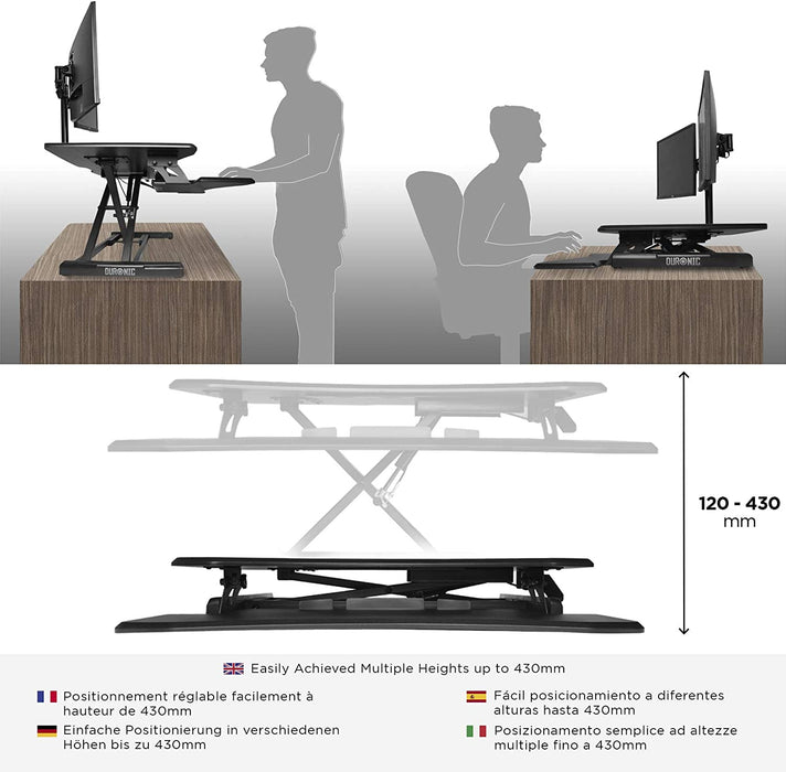 Duronic DM05D16 BK Postazione Lavoro  Altezza regolabile 12-43cm - Ampia Piattaforma 76-49cm - Portata 10kg  Scrivania ergonomica per Lavorare in Piedi con Supporto per Tastiera