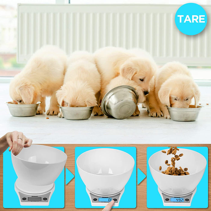 Duronic KS6000 WH/WH Bilancia da cucina - Bilancia ad alta precisione con display LCD retro illuminato - Portata 1g / 5 kg con ciotola bianca da 2L - Piattaforma bianca - Funzione Tara