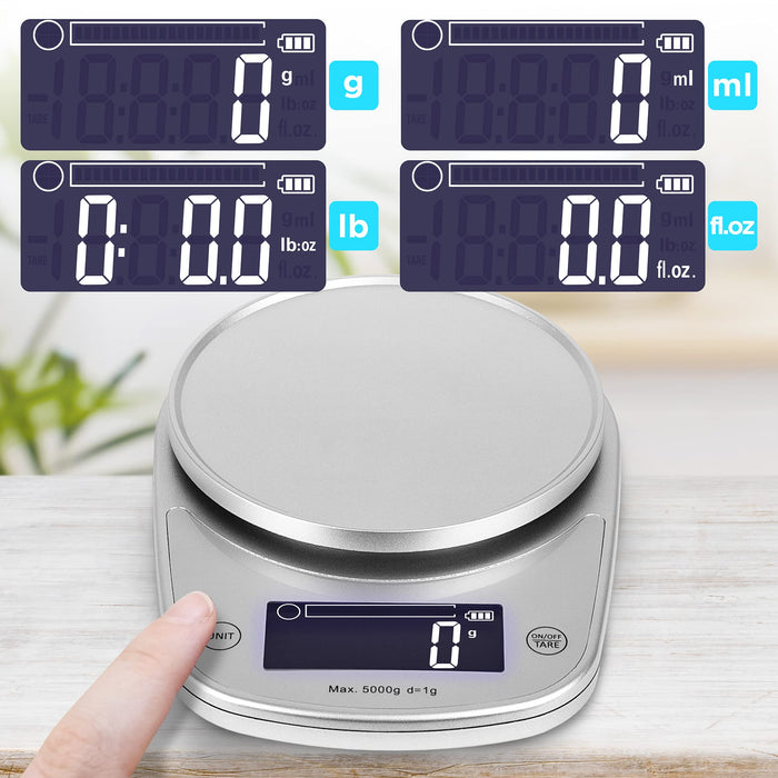 Duronic KS5000 SR/SS Bilancia da cucina digitale | Portata da 1g a 5kg | Ciotola in acciaio INOX 2,5L | Grande display retroilluminato | Funzione Tara | Bilancia ad alta precisione argento
