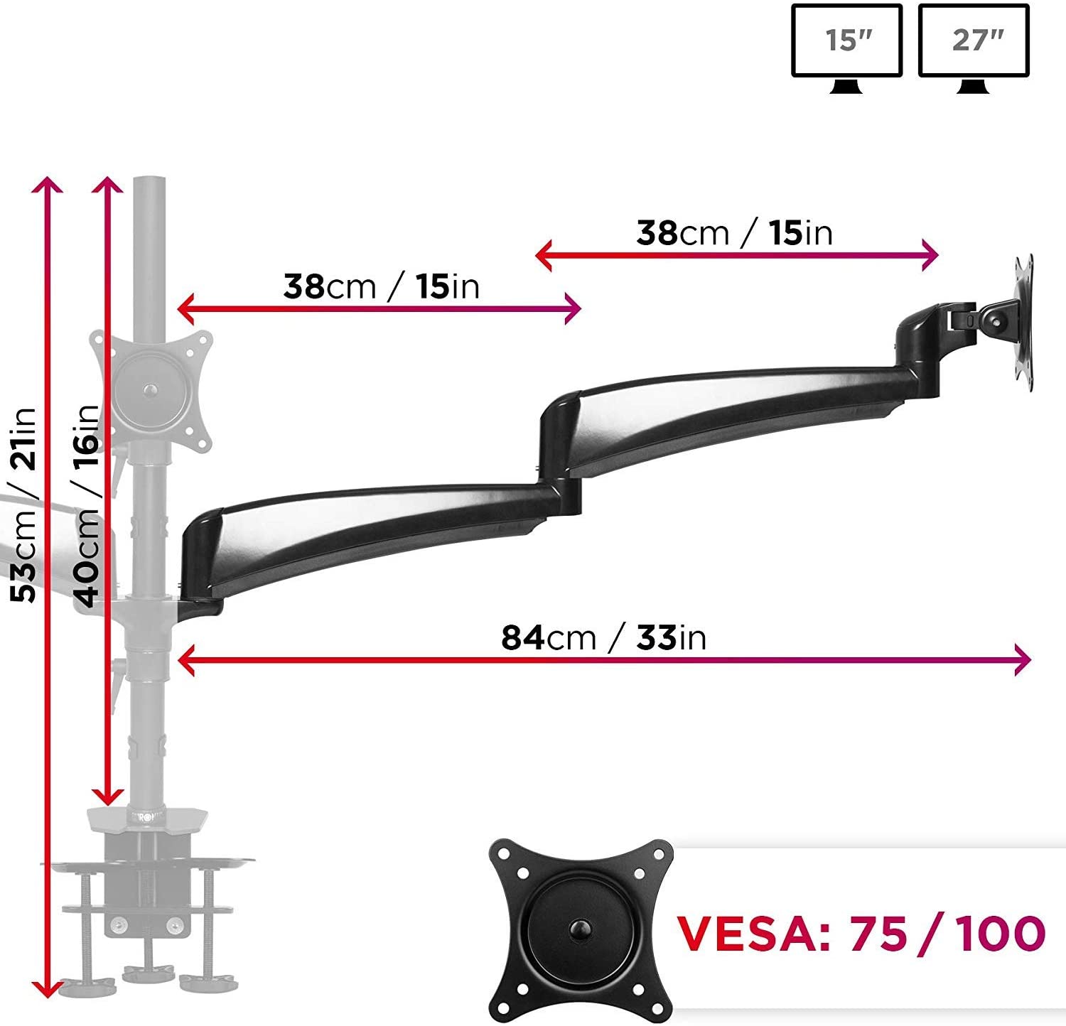 Duronic DM453 Braccio per 3 monitor da 15 a 27 pollici | Supporto schermi doppio | Inclinazione e altezza regolabile | VESA 75 100 | Supporto monitor ergonomico doppio articolato per PC nero